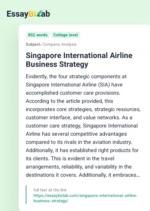 Singapore International Airline Business Strategy - Essay Preview