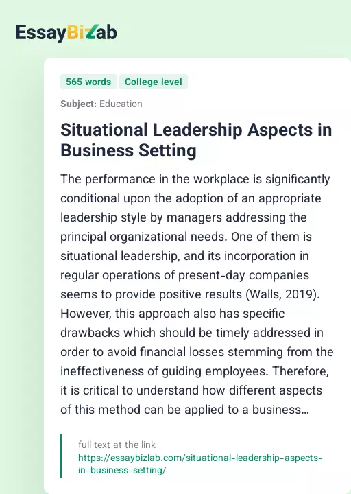 Situational Leadership Aspects in Business Setting - Essay Preview