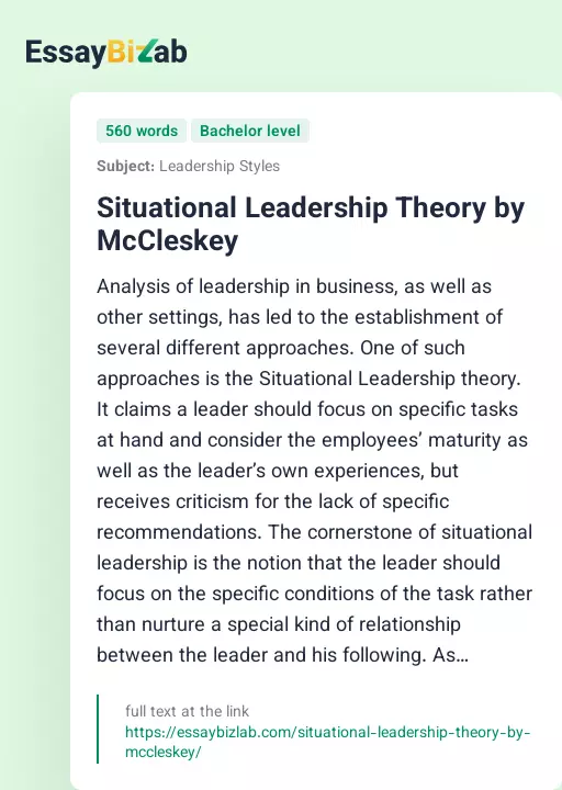 Situational Leadership Theory by McCleskey - Essay Preview