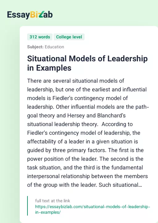 Situational Models of Leadership in Examples - Essay Preview