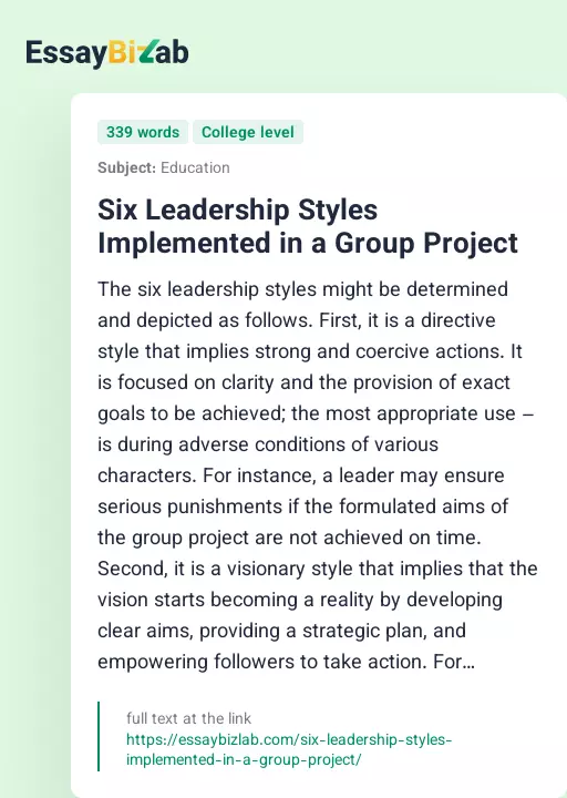 Six Leadership Styles Implemented in a Group Project - Essay Preview