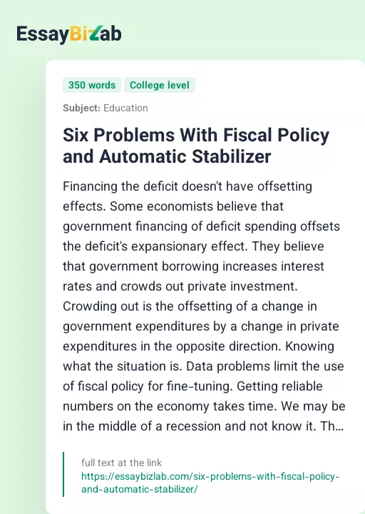 Six Problems With Fiscal Policy and Automatic Stabilizer - Essay Preview