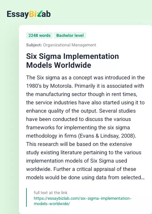 Six Sigma Implementation Models Worldwide - Essay Preview