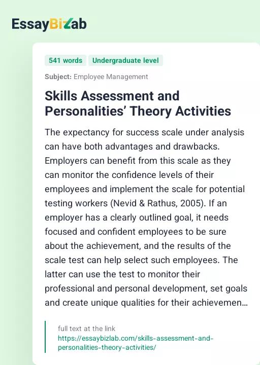 Skills Assessment and Personalities’ Theory Activities - Essay Preview