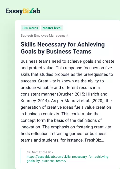 Skills Necessary for Achieving Goals by Business Teams - Essay Preview