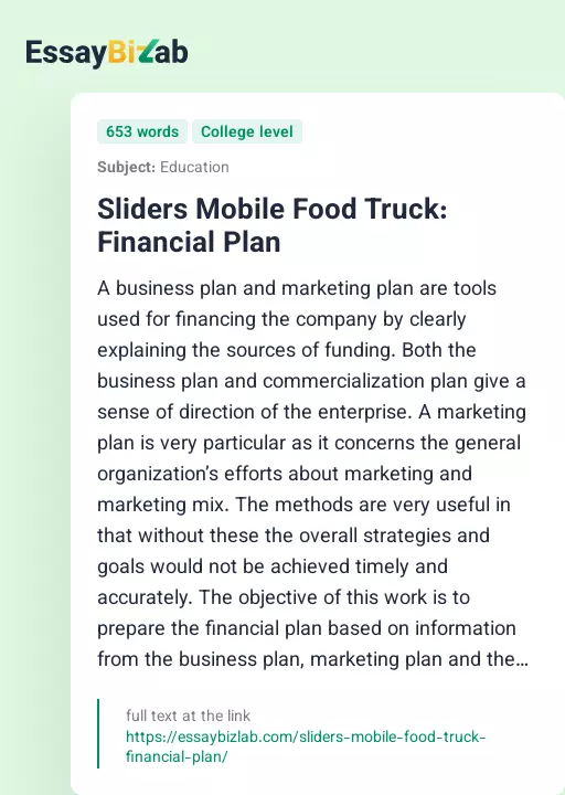 Sliders Mobile Food Truck: Financial Plan - Essay Preview