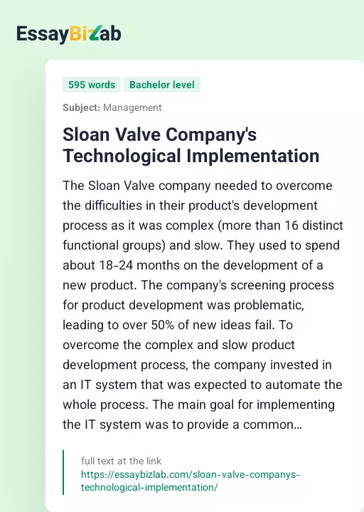 Sloan Valve Company's Technological Implementation - Essay Preview