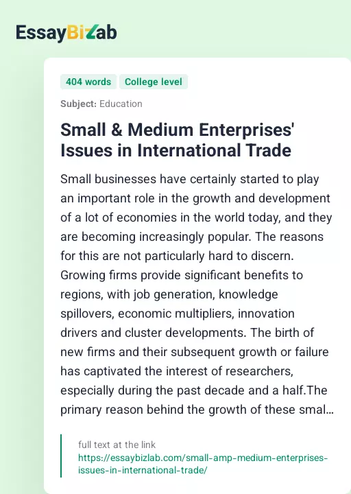 Small & Medium Enterprises' Issues in International Trade - Essay Preview