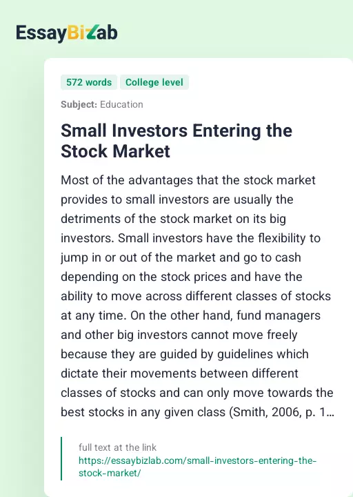 Small Investors Entering the Stock Market - Essay Preview