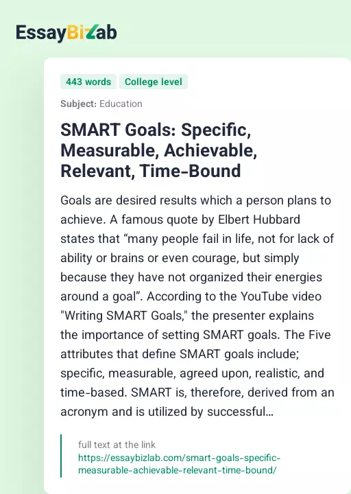SMART Goals: Specific, Measurable, Achievable, Relevant, Time-Bound - Essay Preview