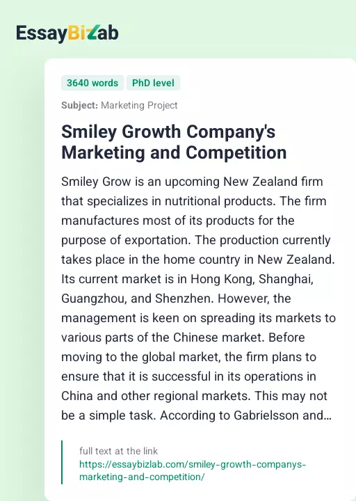 Smiley Growth Company's Marketing and Competition - Essay Preview