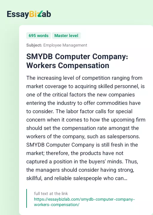 SMYDB Computer Company: Workers Compensation - Essay Preview