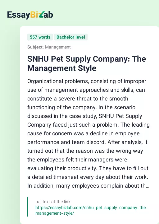 SNHU Pet Supply Company: The Management Style - Essay Preview