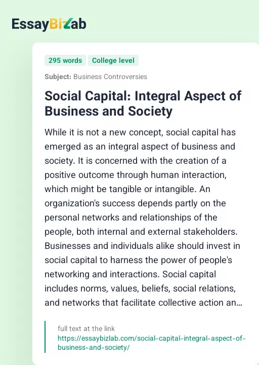 Social Capital: Integral Aspect of Business and Society - Essay Preview
