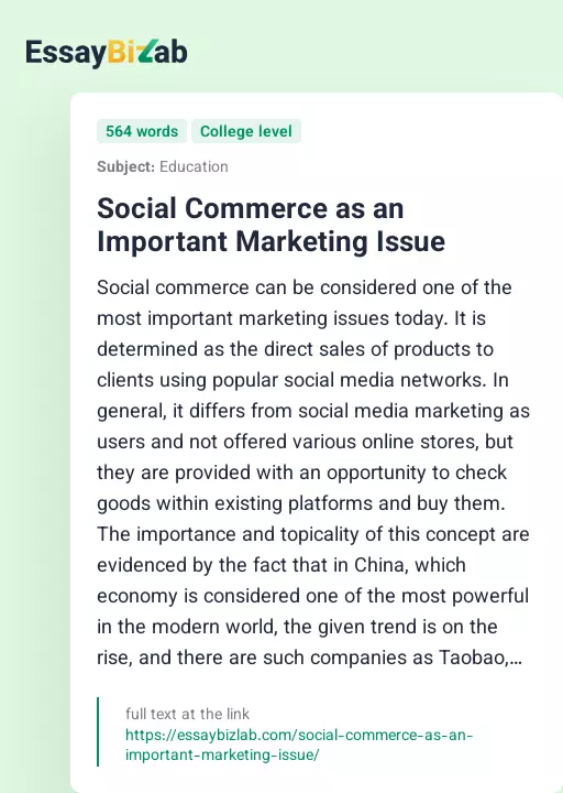 Social Commerce as an Important Marketing Issue - Essay Preview