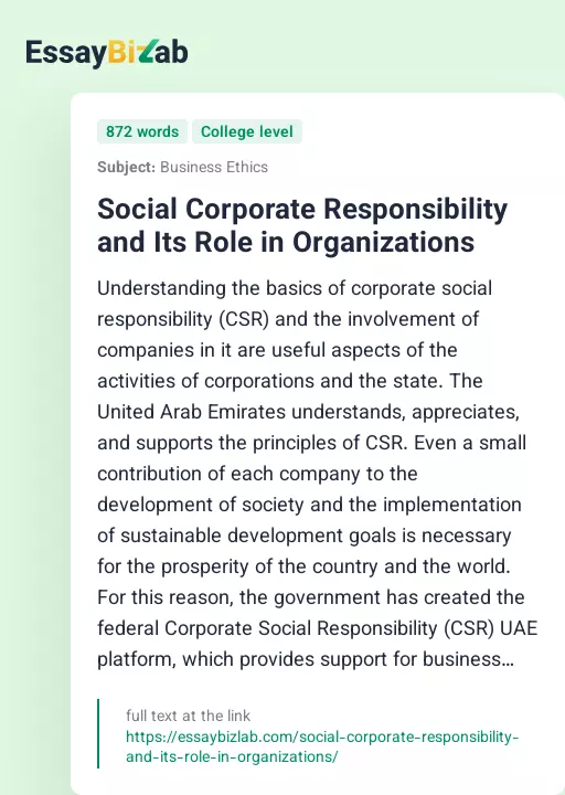 Social Corporate Responsibility and Its Role in Organizations - Essay Preview
