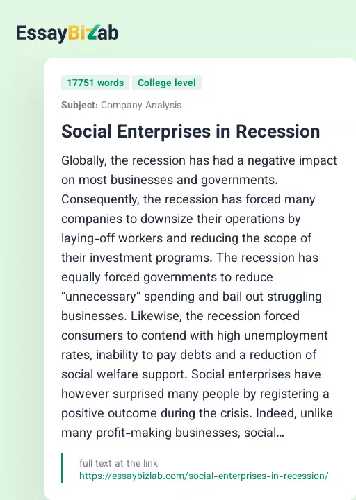 Social Enterprises in Recession - Essay Preview