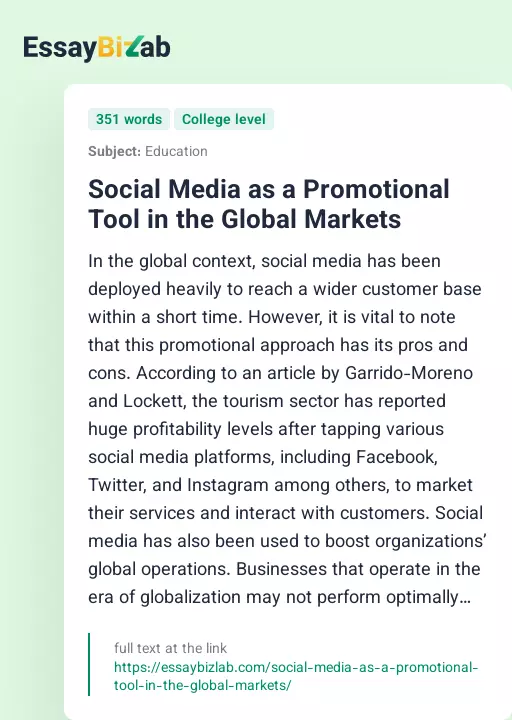 Social Media as a Promotional Tool in the Global Markets - Essay Preview