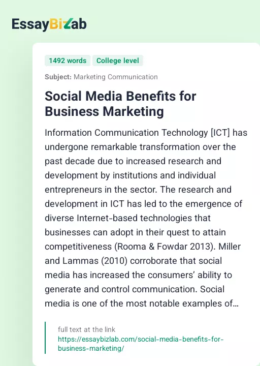 Social Media Benefits for Business Marketing - Essay Preview