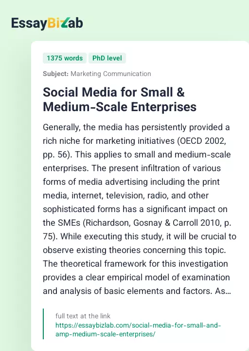 Social Media for Small & Medium-Scale Enterprises - Essay Preview