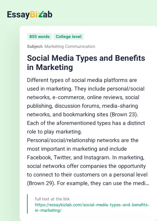 Social Media Types and Benefits in Marketing - Essay Preview