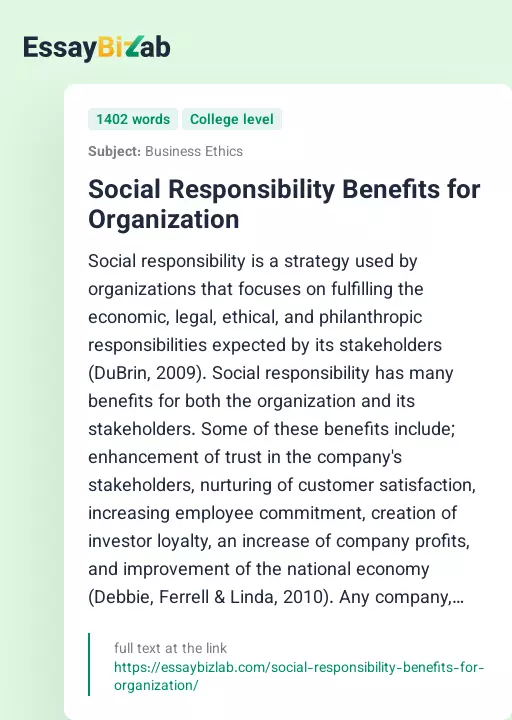 Social Responsibility Benefits for Organization - Essay Preview