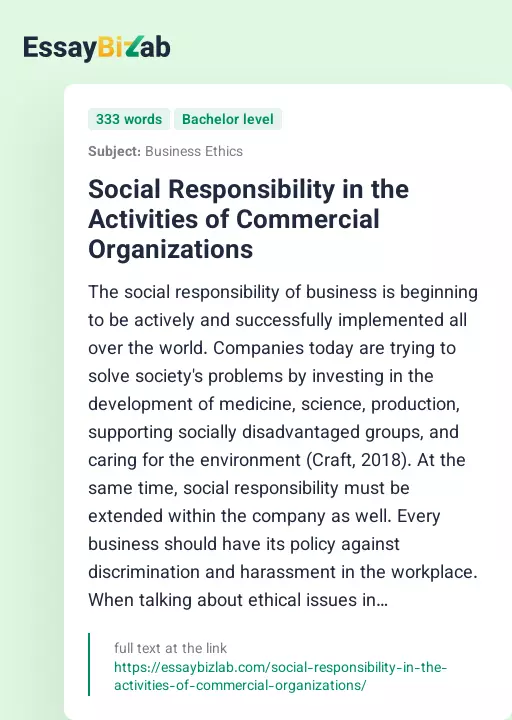 Social Responsibility in the Activities of Commercial Organizations - Essay Preview