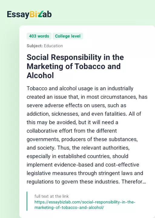 Social Responsibility in the Marketing of Tobacco and Alcohol - Essay Preview