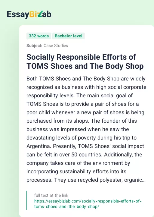 Socially Responsible Efforts of TOMS Shoes and The Body Shop - Essay Preview