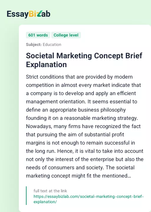 Societal Marketing Concept Brief Explanation - Essay Preview
