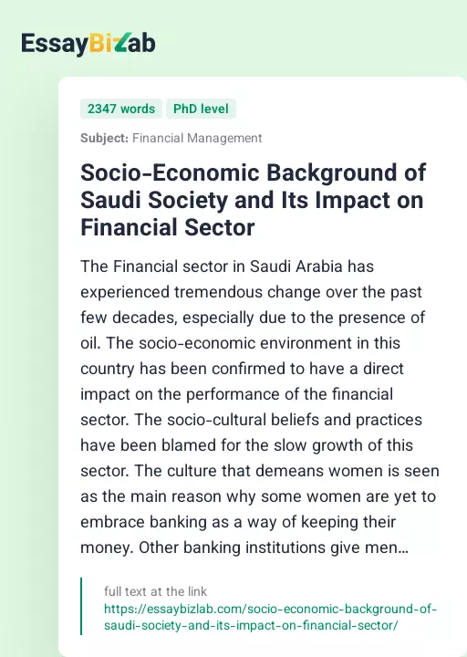 Socio-Economic Background of Saudi Society and Its Impact on Financial Sector - Essay Preview