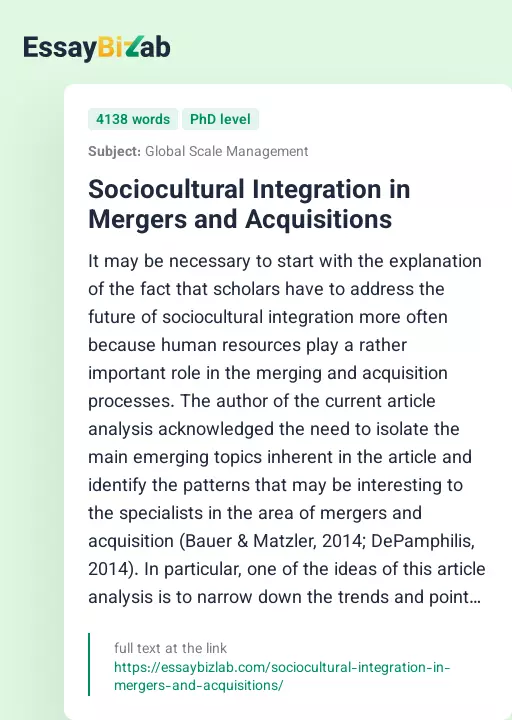 Sociocultural Integration in Mergers and Acquisitions - Essay Preview