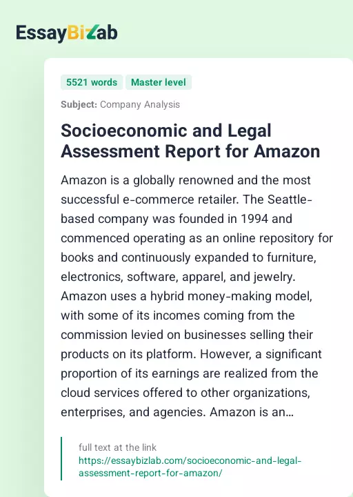 Socioeconomic and Legal Assessment Report for Amazon - Essay Preview