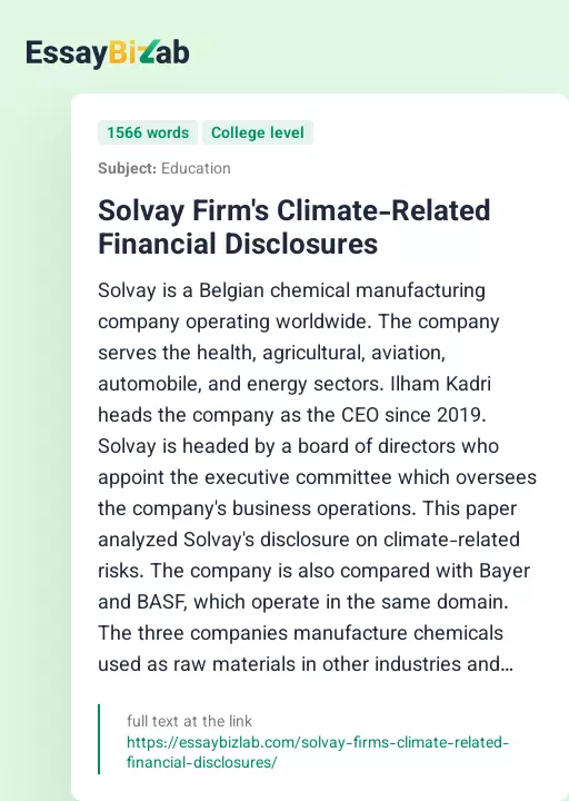 Solvay Firm's Climate-Related Financial Disclosures - Essay Preview