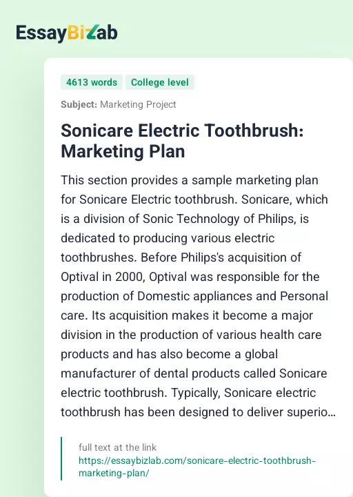 Sonicare Electric Toothbrush: Marketing Plan - Essay Preview