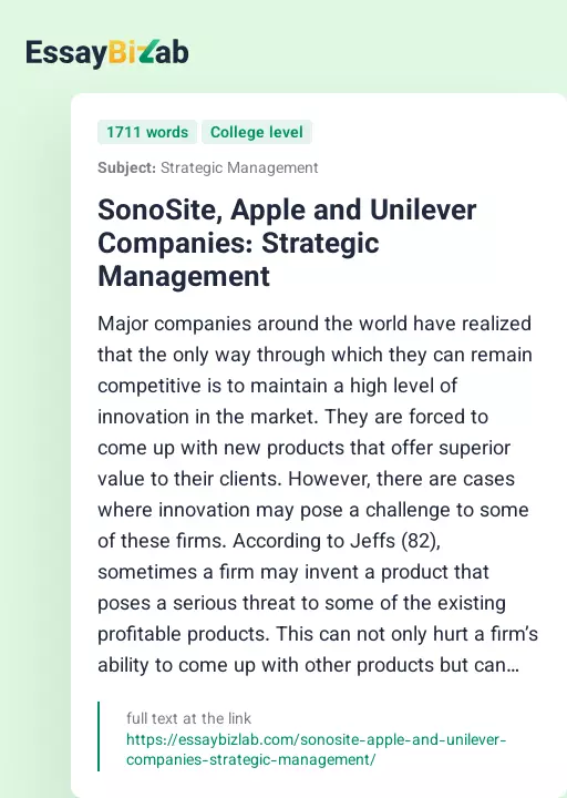 SonoSite, Apple and Unilever Companies: Strategic Management - Essay Preview