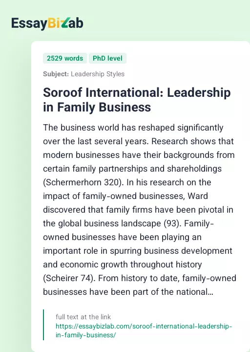 Soroof International: Leadership in Family Business - Essay Preview