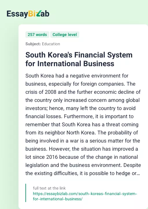 South Korea's Financial System for International Business - Essay Preview