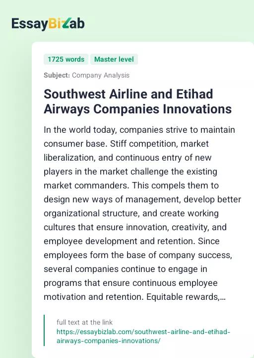 Southwest Airline and Etihad Airways Companies Innovations - Essay Preview