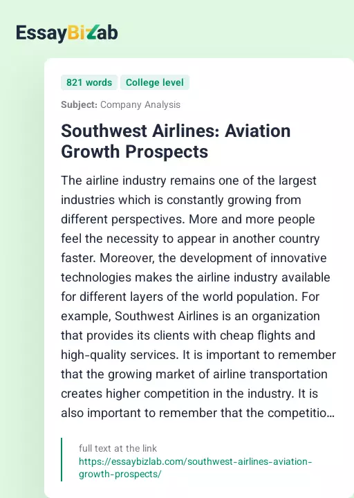 Southwest Airlines: Aviation Growth Prospects - Essay Preview