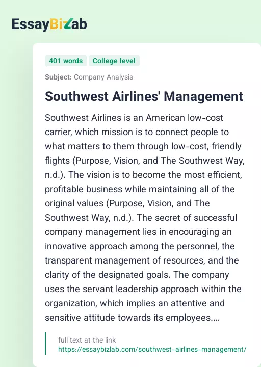 Southwest Airlines' Management - Essay Preview
