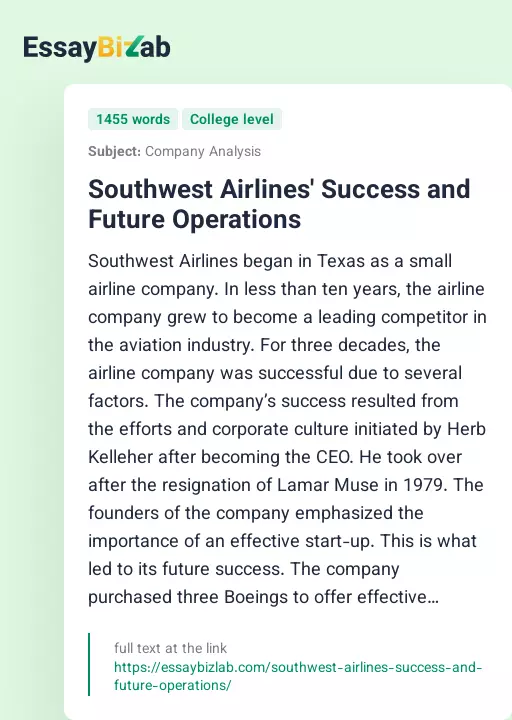 Southwest Airlines' Success and Future Operations - Essay Preview