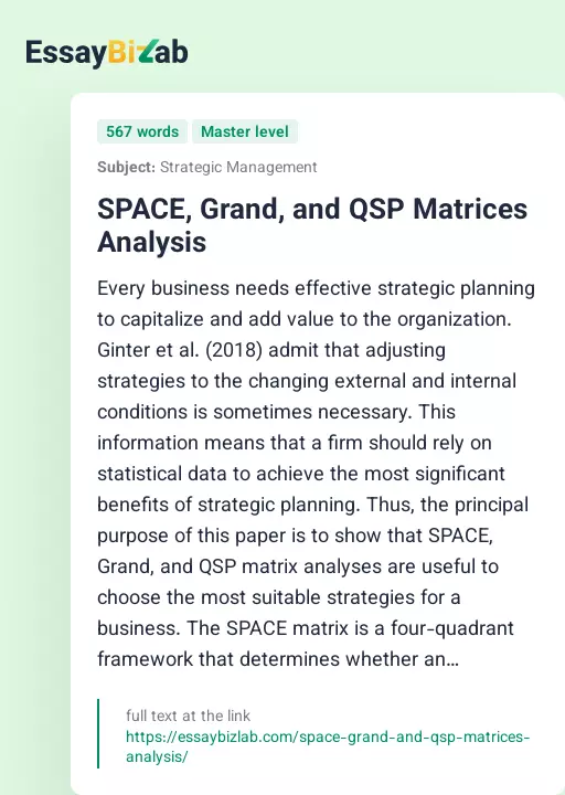 SPACE, Grand, and QSP Matrices Analysis - Essay Preview