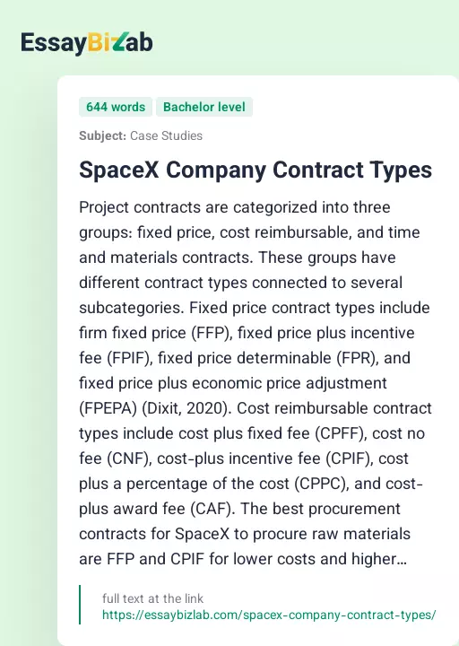SpaceX Company Contract Types - Essay Preview