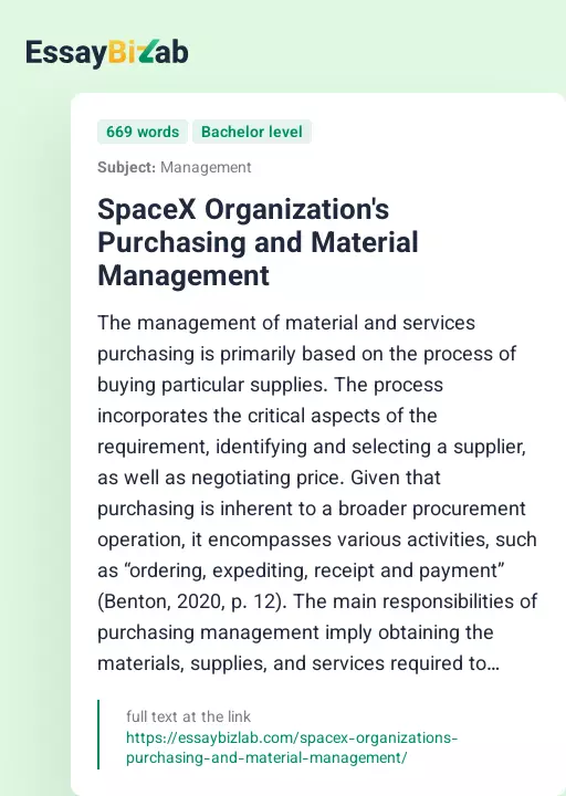 SpaceX Organization's Purchasing and Material Management - Essay Preview