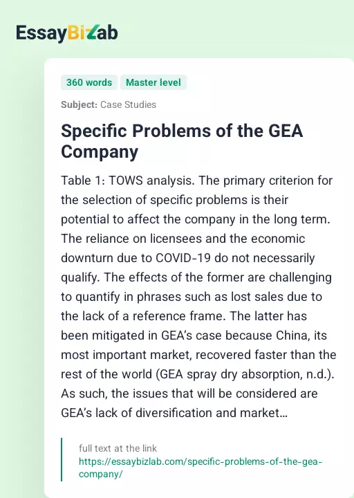 Specific Problems of the GEA Company - Essay Preview