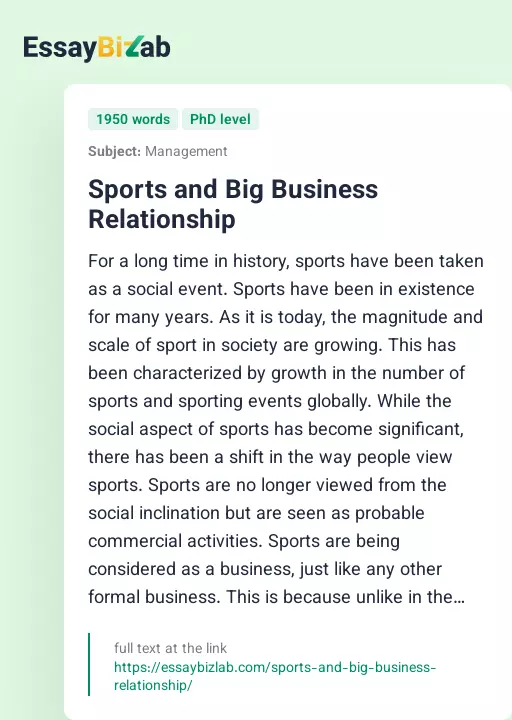 Sports and Big Business Relationship - Essay Preview