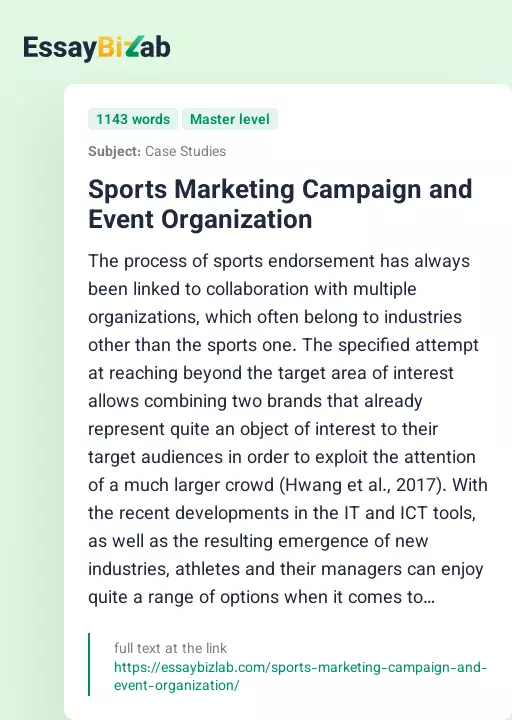 Sports Marketing Campaign and Event Organization - Essay Preview