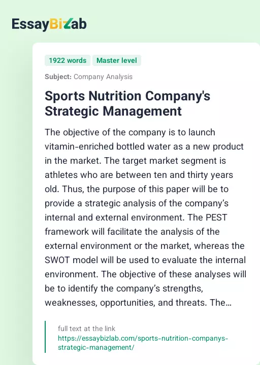 Sports Nutrition Company's Strategic Management - Essay Preview