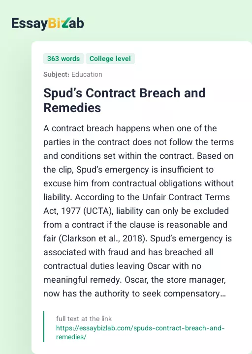 Spud’s Contract Breach and Remedies - Essay Preview